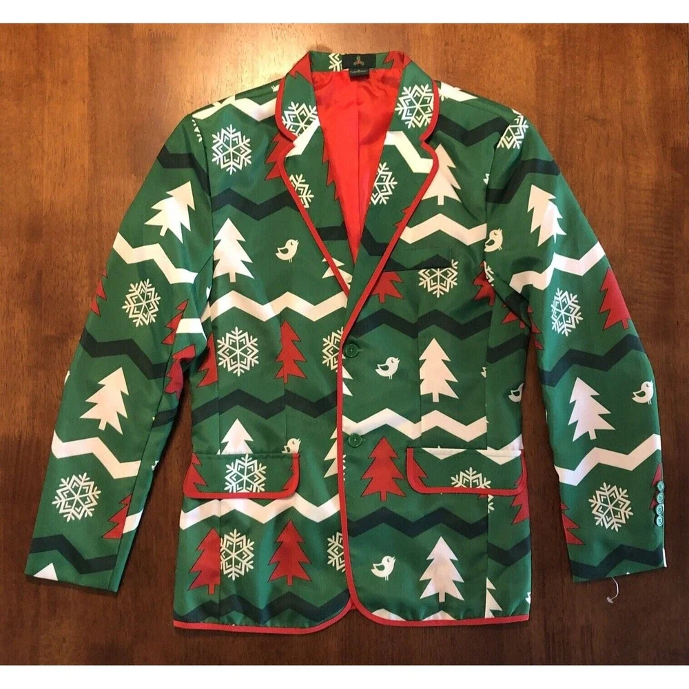Ugly Christmas Blazer Suit‎ Jacket Trees Snowflakes Green Red White Mens Small